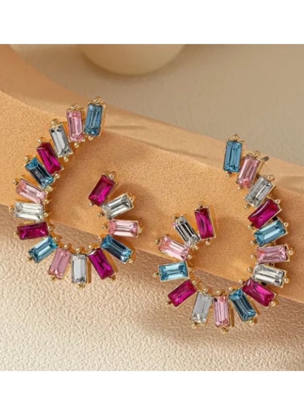 Swirl Pink Blue Crystal Gold Toned Stud Earrings